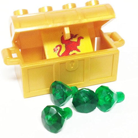 Lego Parts: Treasure Chest/Jewel Pack Bundle (4) 24 Facet Green Jewels, (1) Pearl Gold Treasure Chest, (1) Coat of Arms Tile