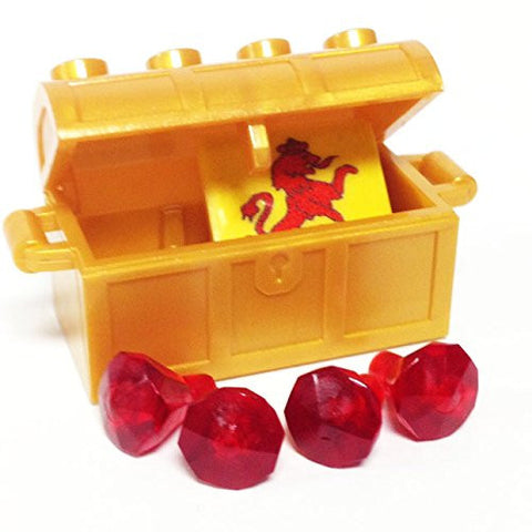 Lego Parts: Treasure Chest/Jewel Pack Bundle (4) 24 Facet Red Jewels, (1) Pearl Gold Treasure Chest, (1) Coat of Arms Tile