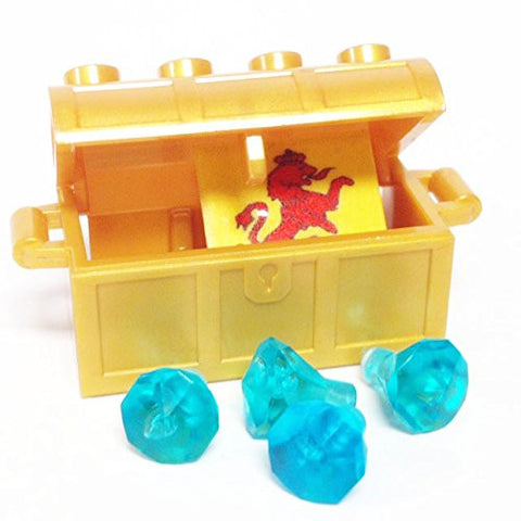 Lego Parts: Treasure Chest/Jewel Pack Bundle (4) 24 Facet Light Blue Jewels, (1) Pearl Gold Treasure Chest, (1) Coat of Arms Tile