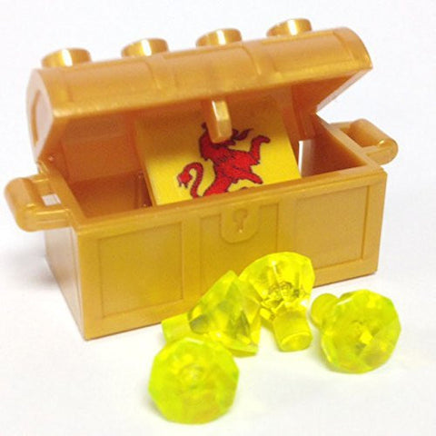Lego Parts: Treasure Chest/Jewel Pack Bundle (4) 24 Facet Neon Green Jewels, (1) Pearl Gold Treasure Chest, (1) Coat of Arms Tile