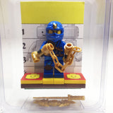 MinifigurePacks: Lego Ninjago Bundle (1) Jay Minifigure - Jungle Variant (1) Figure Display Base (3) Figure Accessory's (Shamshir Sword - Throwing Stars (Shuriken) - Nunchucks)